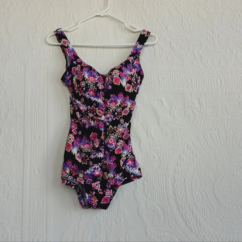 Maxine of Hollywood Purple Tribal Print Swimsuit Tummy Control Ruched Padded Cup - Picture 16 of 16